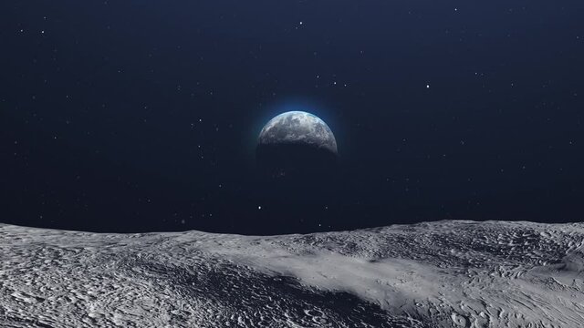 Planet Earth View From Moon Surface In Space
Realistic outer space view, 3d rendering cinematic vision, blue earth seen from the moon surface 
