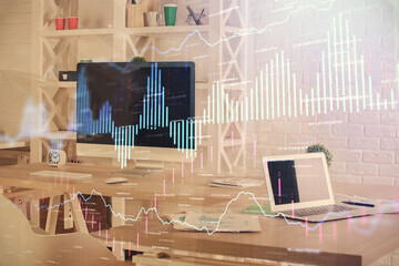 Double exposure of financial graph drawing and office interior background. Concept of stock market.