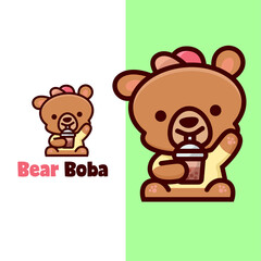 HAPPY FACE BROWN BEAR DRINKS BOBA MASCOT LOGO
