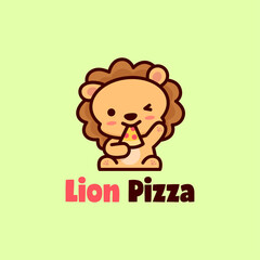 CUTE HAPPY FACE LION EAT PIZZA MASCOT LOGO