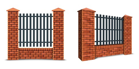 3d realistic vector set of red brick fence, isolated on white background.