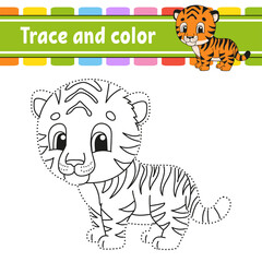 Trace and color. Coloring page for kids. Handwriting practice. Education developing worksheet. Activity page. Game for toddlers. Isolated vector illustration. Cartoon style.