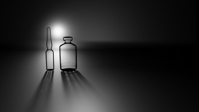 Glass vial and ampule on a table with back light (3D Rendering)