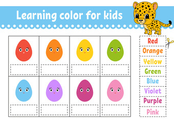 Learning color for kids. Education developing worksheet. Activity page with color pictures. Riddle for children. Isolated vector illustration. Funny character. Cartoon style.
