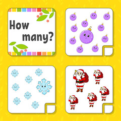 Counting game for children. Happy characters. Learning mathematics. How many object in the picture. Education worksheet. Christmas theme. Isolated vector illustration in cute cartoon style.