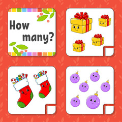 Counting game for children. Happy characters. Learning mathematics. How many object in the picture. Education worksheet. Christmas theme. Isolated vector illustration in cute cartoon style.