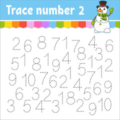 Trace number . Handwriting practice. Learning numbers for kids. Education developing worksheet. Activity page. Game for toddlers and preschoolers. Isolated vector illustration in cute cartoon style.