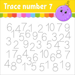Obraz premium Trace number . Handwriting practice. Learning numbers for kids. Education developing worksheet. Activity page. Game for toddlers and preschoolers. Isolated vector illustration in cute cartoon style.