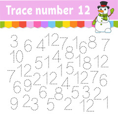 Fototapeta na wymiar Trace number . Handwriting practice. Learning numbers for kids. Education developing worksheet. Activity page. Game for toddlers and preschoolers. Isolated vector illustration in cute cartoon style.