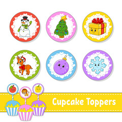 Cupcake Toppers. Set of six round pictures. Christmas theme. Cartoon characters. Cute image. For birhday, party, baby shower.