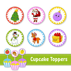 Cupcake Toppers. Set of six round pictures. Christmas theme. Cartoon characters. Cute image. For birhday, party, baby shower.