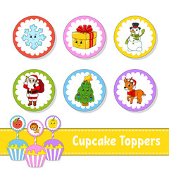 Obraz premium Cupcake Toppers. Set of six round pictures. Christmas theme. Cartoon characters. Cute image. For birhday, party, baby shower.