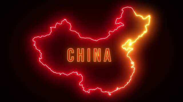 Red Bright Light Mainland China Map And Lettering Neon Sign With Optical Lens Flare Animation, Last 5 Seconds Seamless Loop