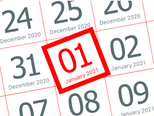 Close up of first day of the year 2021 on diary calendar, simple and clean design vector. 
