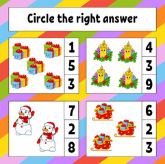 Circle the right answer. Christmas theme. Education developing worksheet. Activity page with pictures. Game for children. Color isolated vector illustration. Funny character. Cartoon style.
