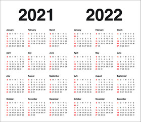 Year 2021 2022 calendar vector design template, simple and clean design