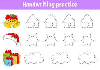 Handwriting pactice. Christmas theme. Education developing worksheet. Activity page. Color game for children. Isolated vector illustration. Cartoon character.