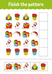 Finish the pattern. Cut and play. Christmas theme. Education developing worksheet. Activity page. Cartoon character.