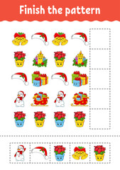 Finish the pattern. Cut and play. Christmas theme. Education developing worksheet. Activity page. Cartoon character.