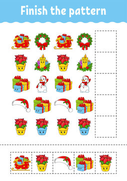 Finish the pattern. Cut and play. Christmas theme. Education developing worksheet. Activity page. Cartoon character.