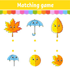 Matching game for kids. Education developing worksheet. Draw a line. Activity page. Cartoon character. Autumn theme.
