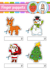 Finger puppets. Activity Game for kids. Cute characters. Cartoon style. Christmas theme. Color vector illustration.