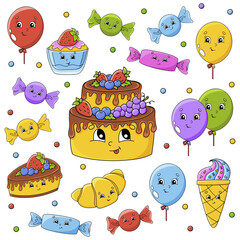 Set of stickers with cute cartoon characters. Happy birthday theme. Hand drawn. Colorful pack. Vector illustration. Patch badges collection. Label design elements. For daily planner, diary, organizer.