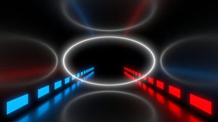Sci Fy neon lamps in a dark tunnel. Reflections on the floor and walls. 3d rendering image.