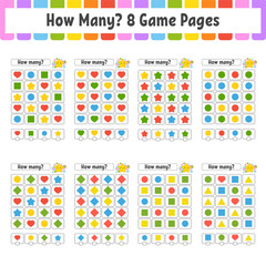 Counting game for children. Happy characters. Learning mathematics. How many object in the picture. Education worksheet. With space for answers. Isolated vector illustration in cute cartoon style.