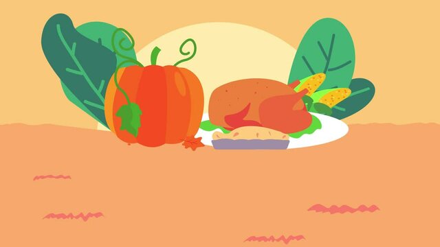 Happy thanksgiving text with pie and roasted turkey