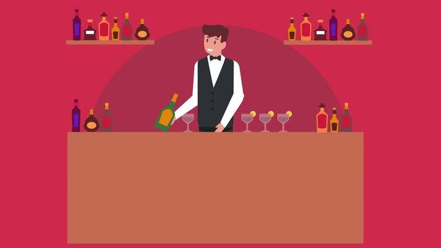 Male bartender pouring alcoholic drink into a glass