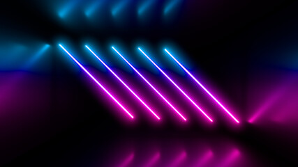 Fototapeta na wymiar Sci Fy neon lamps in a dark tunnel. Reflections on the floor and walls. 3d rendering image.