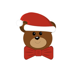Teddy bear with Santa Claus hat and red butterfly around his neck, color vector illustration, isolated on white background, clipart, design, decoration, banner, logo, greeting card