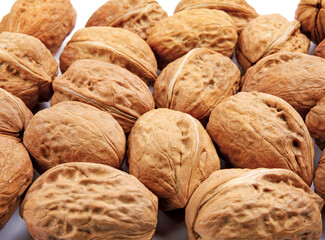 A lot of whole walnuts on a white background.
