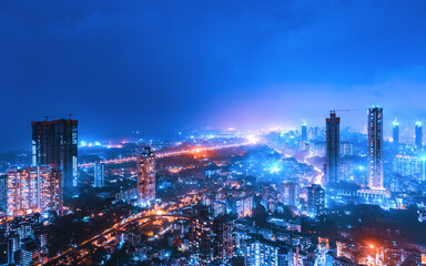 The eastern seaboard of Mumbai as seen in this night cityscape picture taken in the middle of the rains.