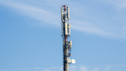 Telecommunication tower of 4G and 5G cellular network. 5G radio network telecommunication equipment...