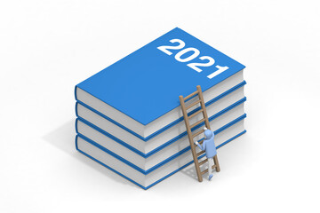 A huge book. Ladder the book. A person who climbs a book. 2021 title. The title of the book is 2021.