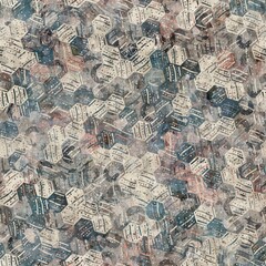 Chic formal grungy geometric shapes texture seamless pattern. High quality illustration. Strange abstract geo design in a trendy posh exotic style. Grainy fabric texture overlay.