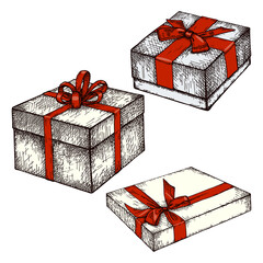 Gift boxes with red ribbons hand drawn set. Graphic vector elements.