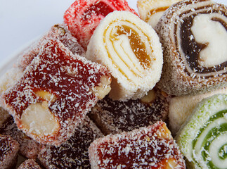 Oriental sweets, multicolored rachate lucum. Beautiful background.