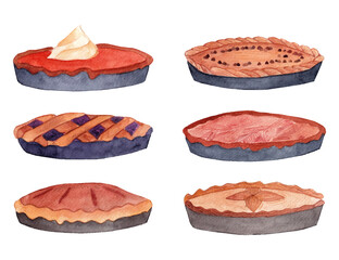 Thanksgiving pies watercolor illustration.  Food artworks. Bakery hand drawn elements. Autumn delicious dishes for holidays and celebrations. Pumpkin pie, apple pie, chocolate pie and berries pie.  © Vy