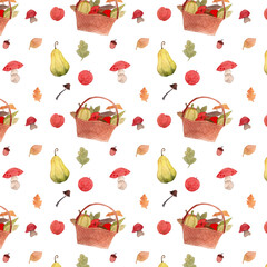 Autumn watercolor seamless pattern. Pumpkins, mushrooms, apples, leaves and baskets of fruits illustration. Fall natural artworks. Scrapbook hand drawn clipart for decoration. 