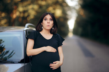 Pregnant Female Driver With Broken Car Looking on the Road for Help