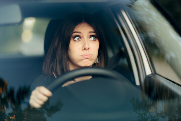 Tired Worried Female Driver Stuck on Long Road Trip