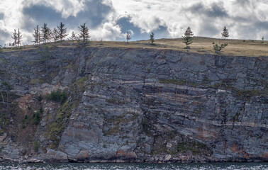 Cedar trees on the cliff of Baikal lake island
