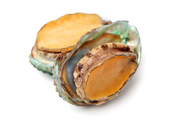 Raw abalones on the white background 