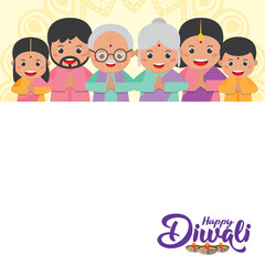 Diwali or deepavali - festival of lights message notes or copy space with cute cartoon Indian family in flat vector illustration.
