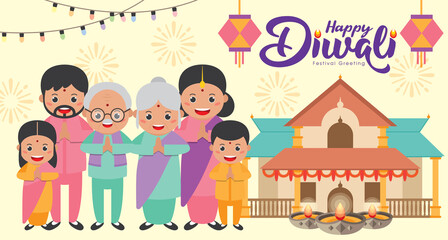 Diwali or deepavali - festival of lights banner templates with cute cartoon Indian family with traditional house in flat vector illustration.