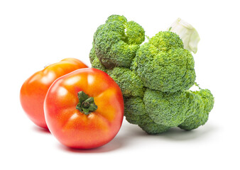fresh tomato and broccoli vegetable on white background