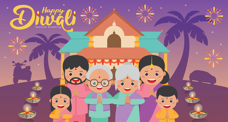 Diwali / Deepavali - festival of lights banner templates. Hindu festival with cute cartoon Indian family with kandil (india lantern) & diya (oil lamp) in flat vector illustration.